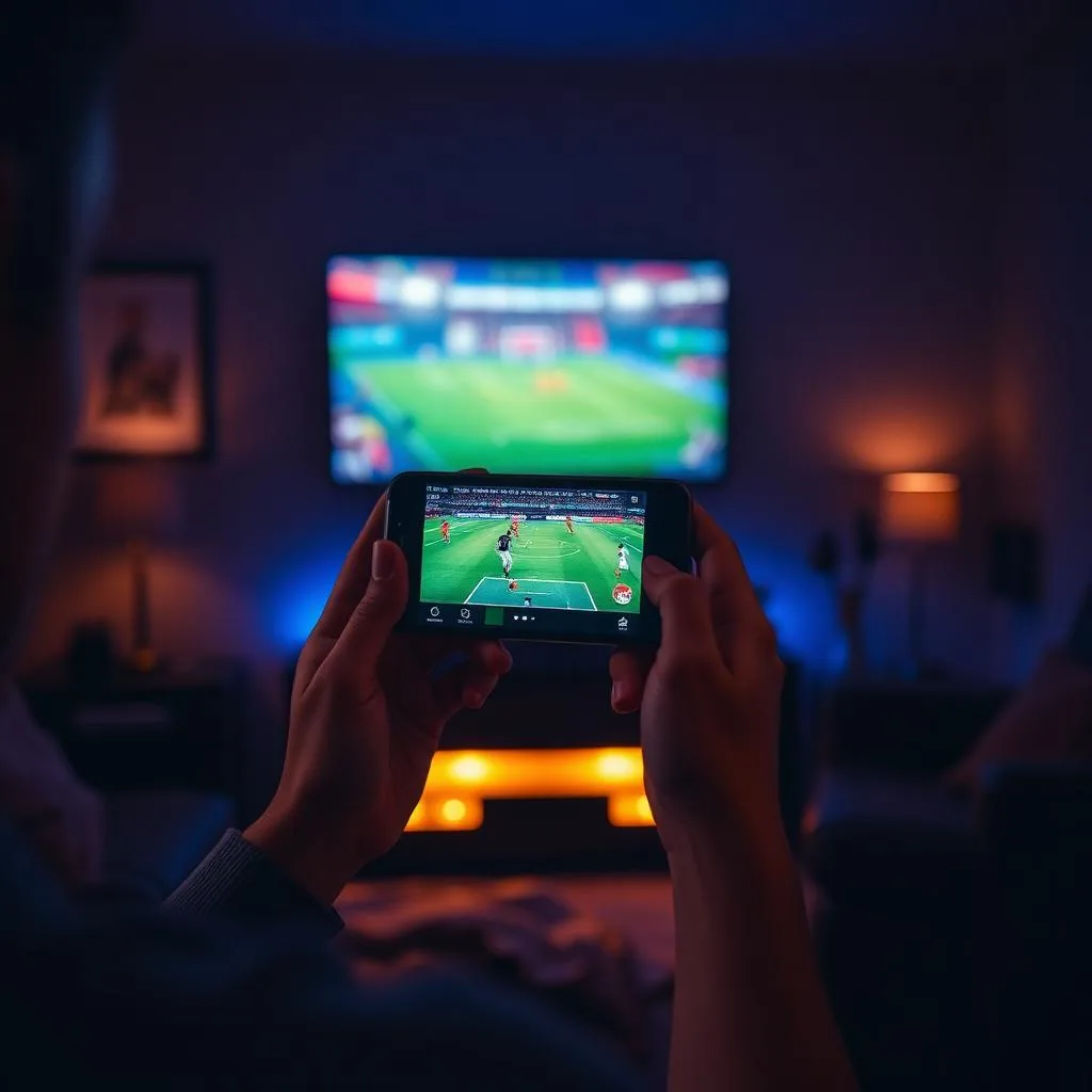 Pessoa assistindo Lista IPTV no celular em ambiente aconchegante