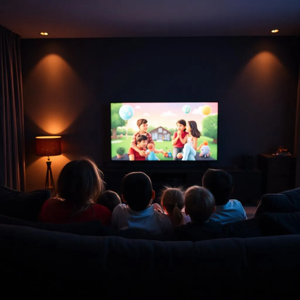 Família reunida no sofá assistindo Lista IPTV em Smart TV