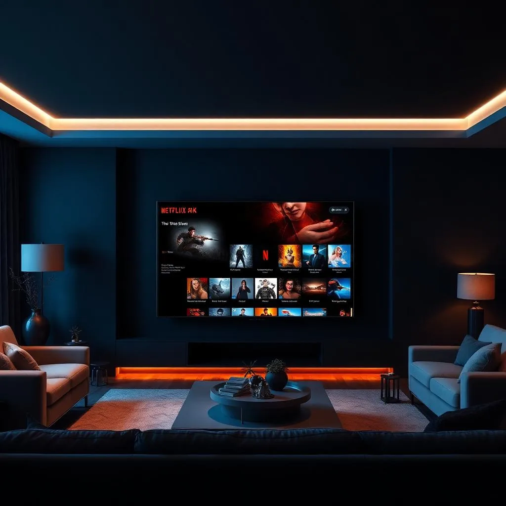Sala com Smart TV exibindo catálogo de filmes e séries via Lista IPTV