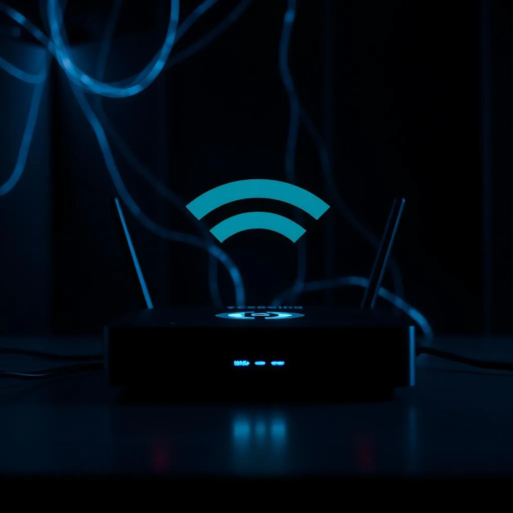 Roteador Wi-Fi moderno com sinais luminosos em ambiente escuro