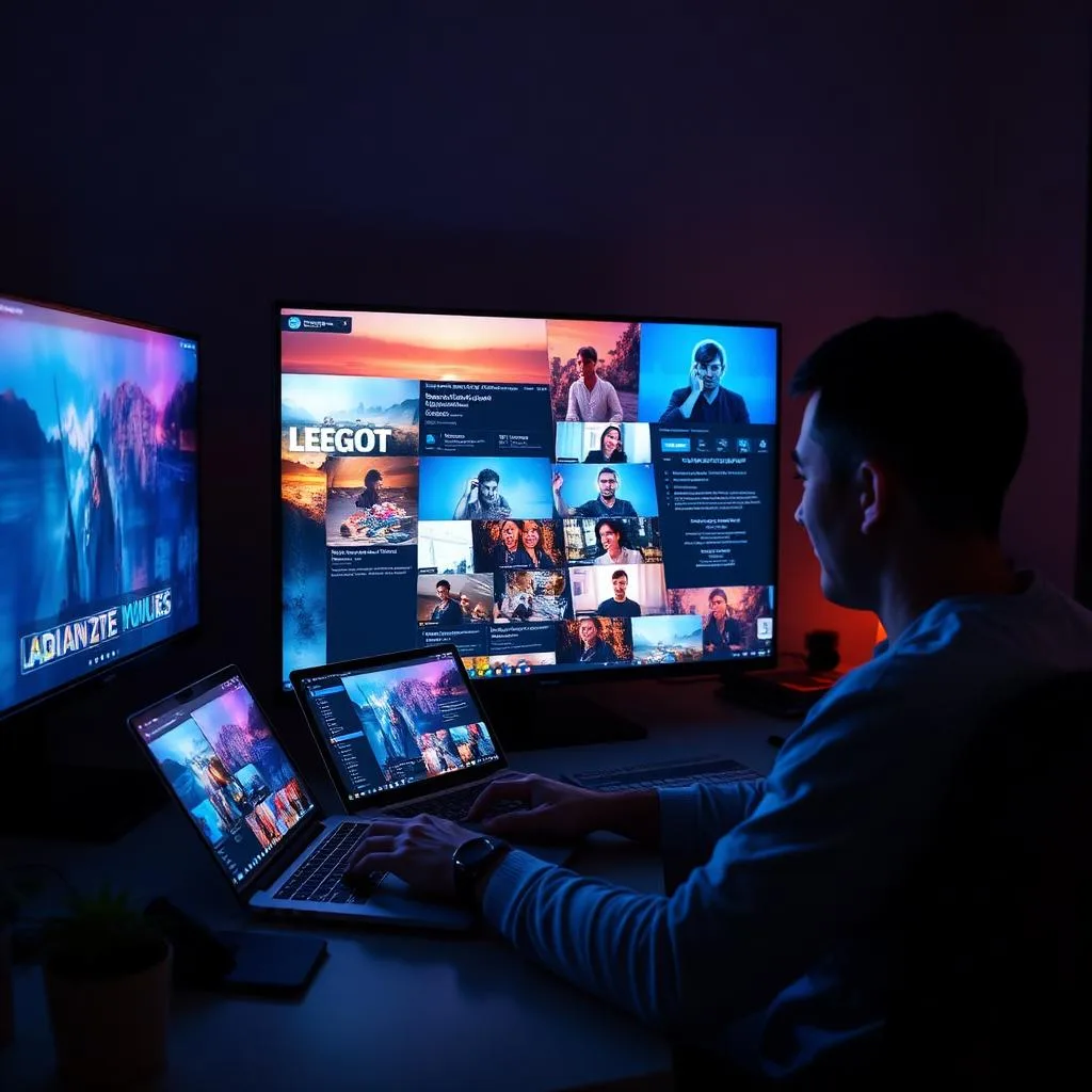 Usuário assistindo IPTV em várias telas: TV, notebook e tablet