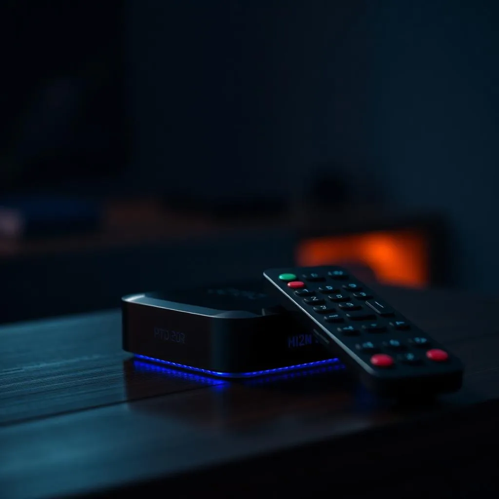 TV Box Android com controle remoto sobre mesa escura