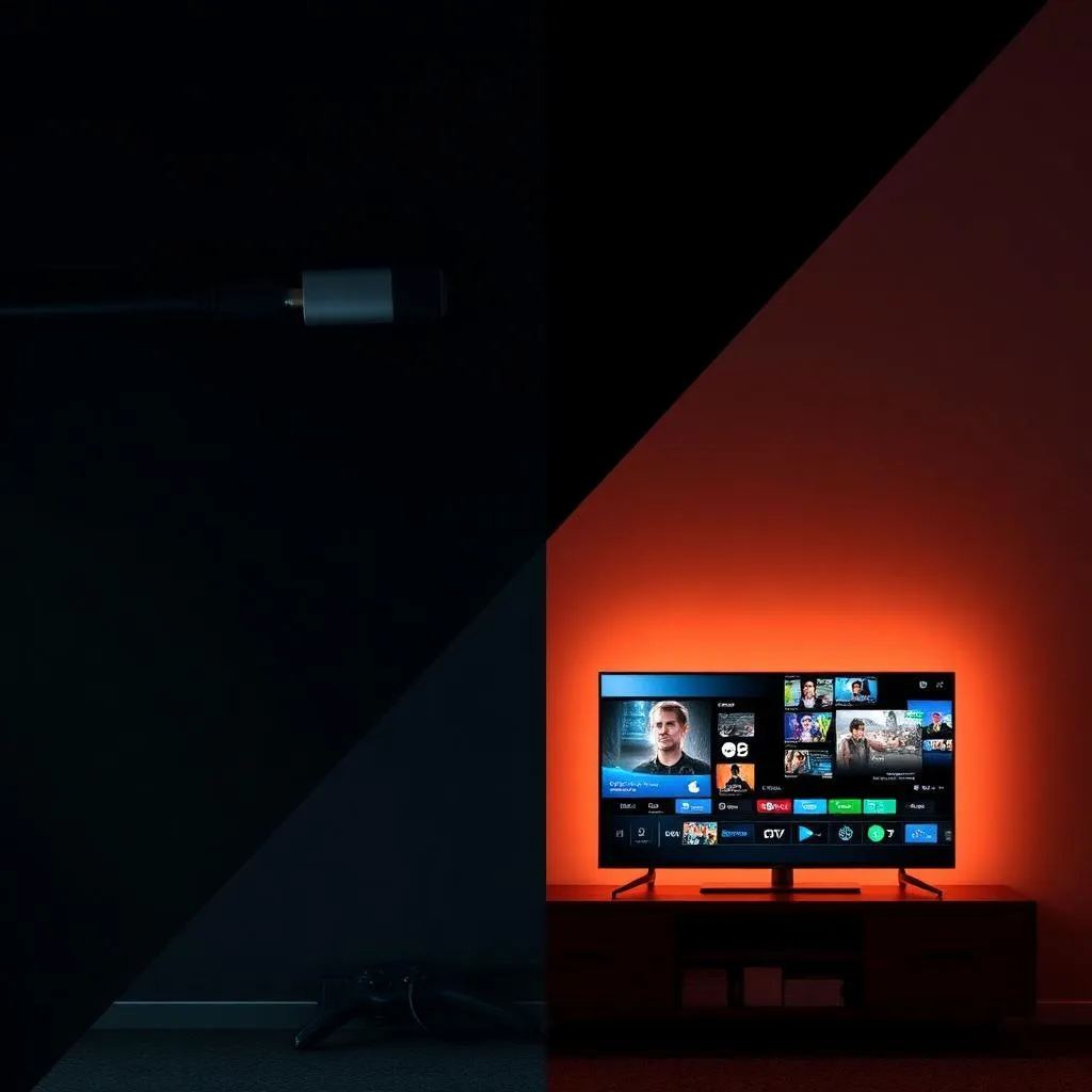 Comparativo visual entre TV a cabo tradicional e Smart TV com IPTV